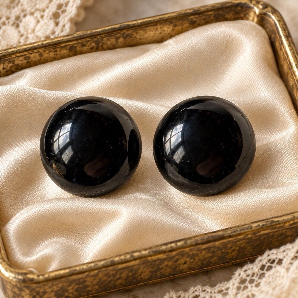 Vintage Black Domed Button Stud Earrings Glossy Round Retro Mod Statement